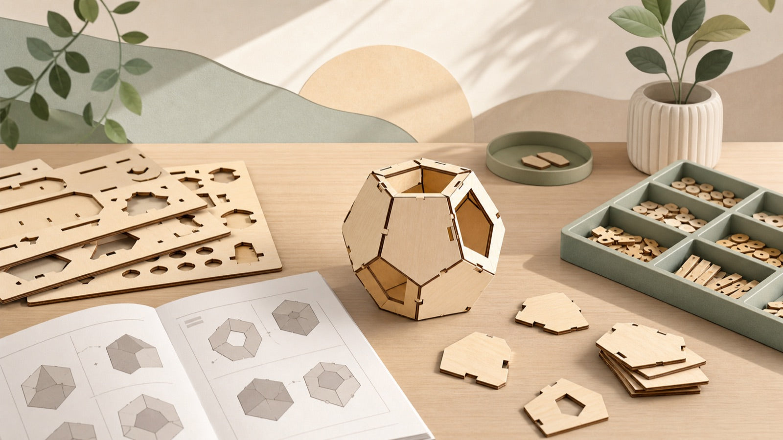 Editorial illustration of an organized beginner wooden model building workspace