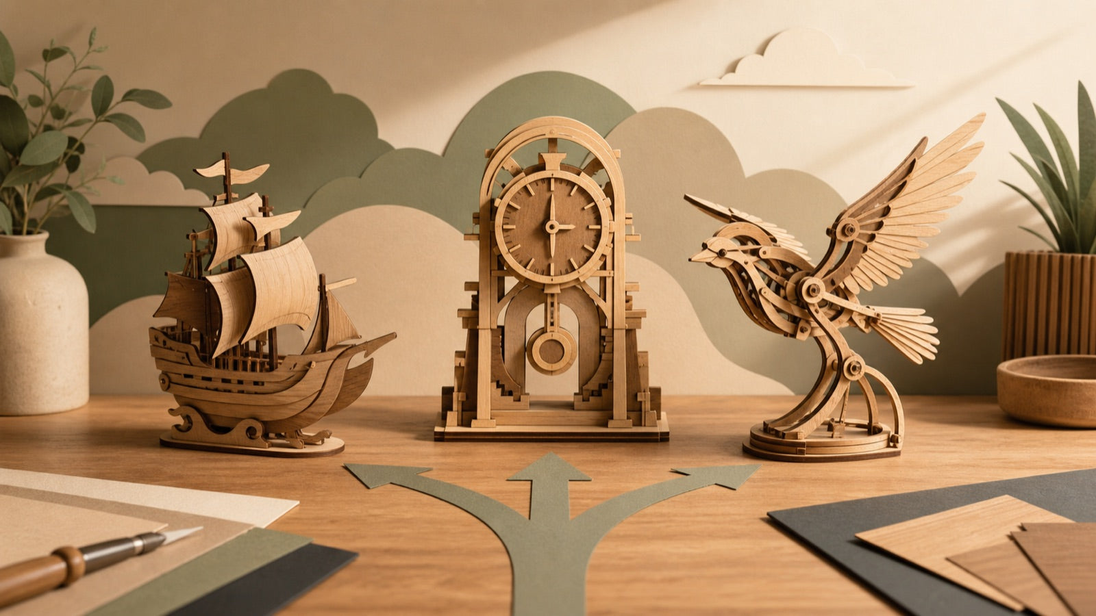 Editorial illustration comparing wooden ship, clock, and kinetic bird model styles