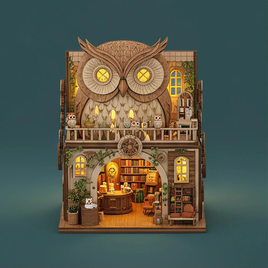 BysageCraft DIY Owl Bookstore Book Nook Miniature Wooden Assembly Model Kit 1