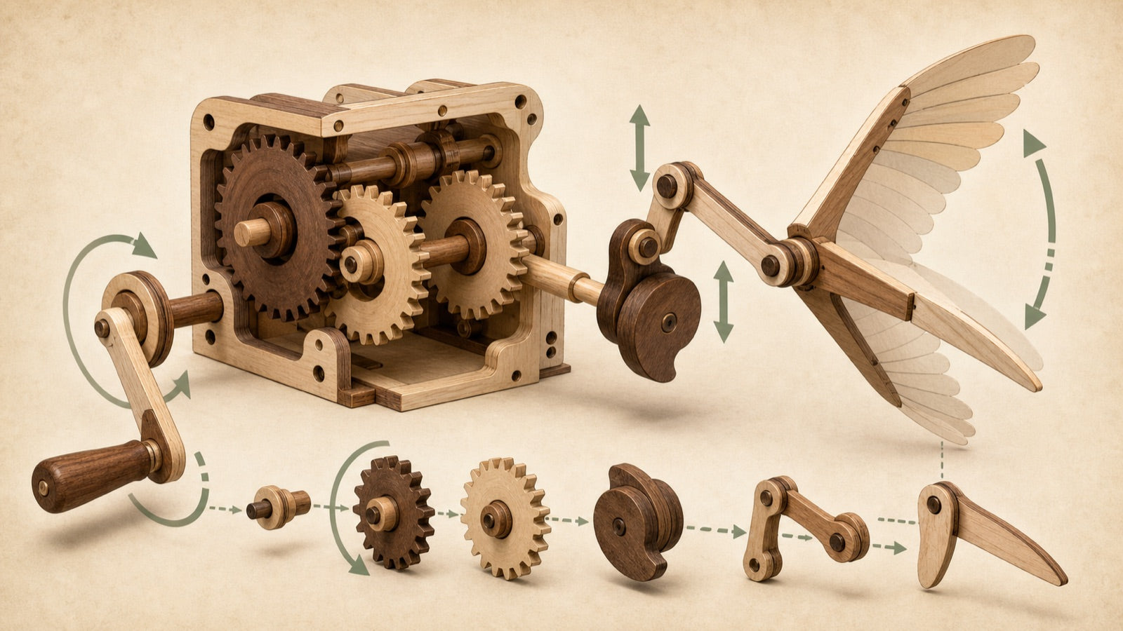 Educational illustration of wooden gears, crank, cam, linkage, and moving wing