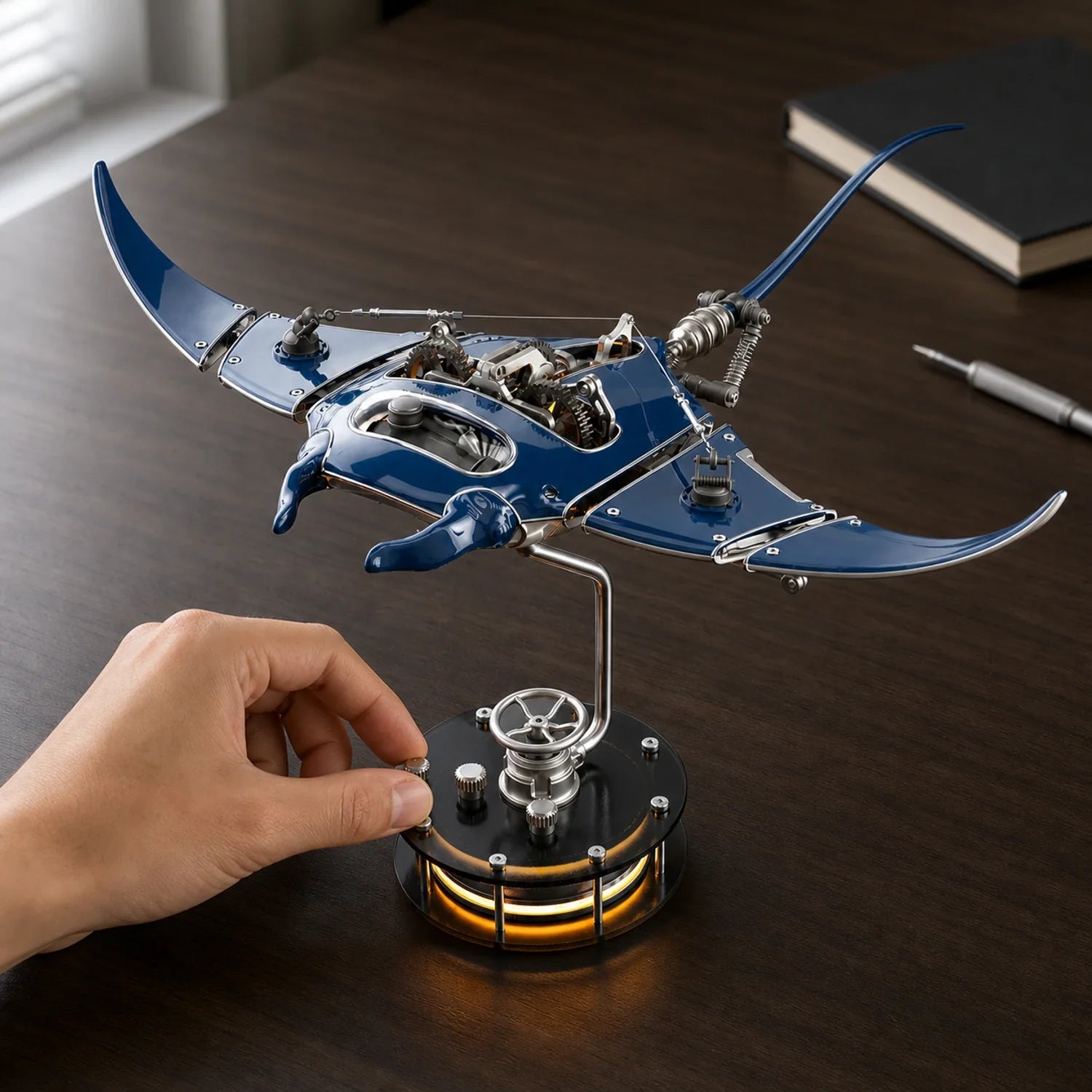 Layered mechanical manta ray metal model displayed on its base