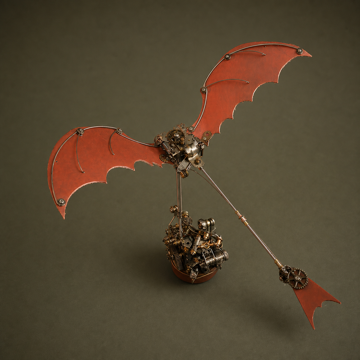 Detailed mechanical ornithopter metal model with articulated wings