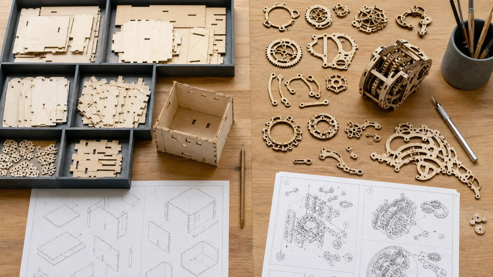 Simple wooden panels compared with fewer but more intricate mechanical pieces