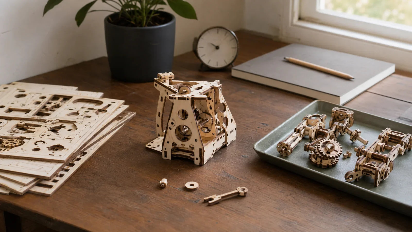 Partially assembled wooden model with remaining sheets and organized subassemblies