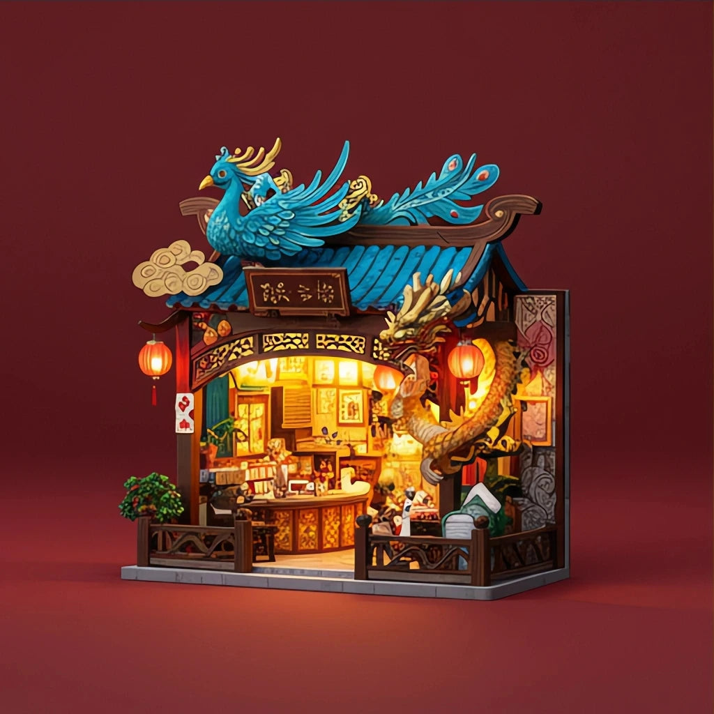 BysageCraft Azure Phoenix Inn Dragon Year Blessing DIY Miniature Book Nook Kit 3