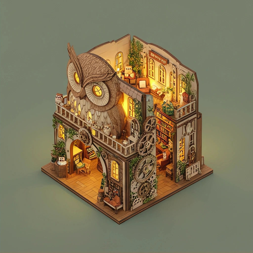 BysageCraft DIY Owl Bookstore Book Nook Miniature Wooden Assembly Model Kit 2
