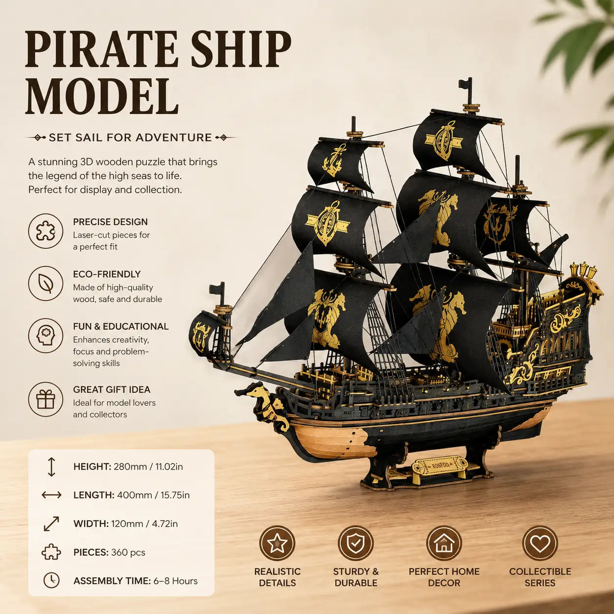 BysageCraft Seahorse Barque 3D Wooden Puzzle Model Kit 2